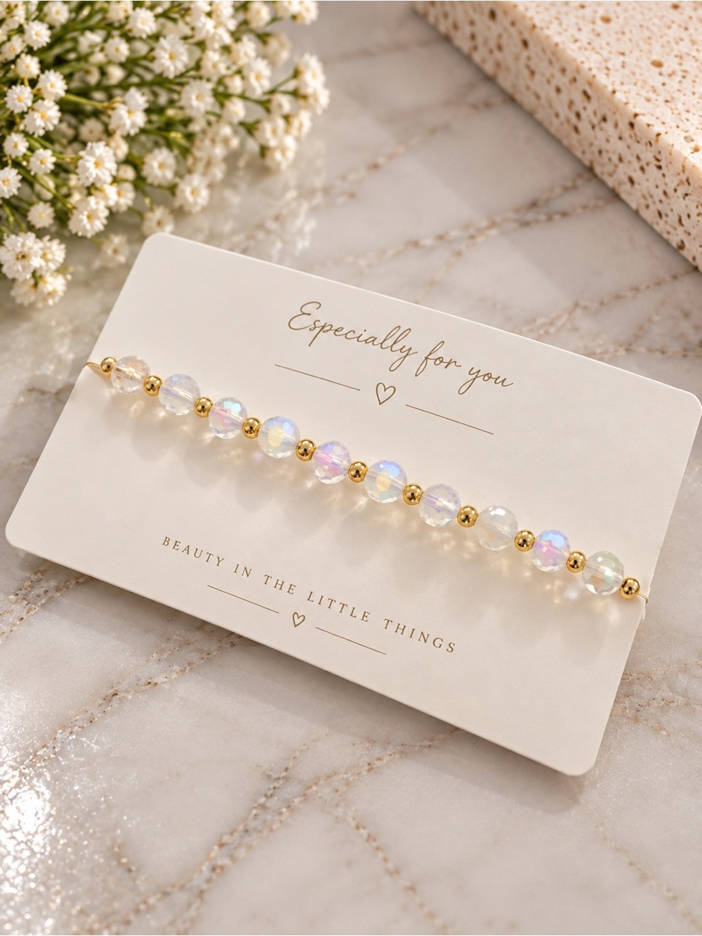 Opalescent Beaded Bracelet with Gold Accents - Women Jewelry